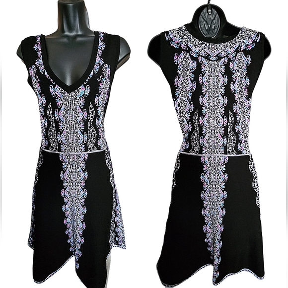 ❤️Nanette Lepore Black Multicolor Baroque Print Knit Fit & Flare Dress☆ - Picture 2 of 4